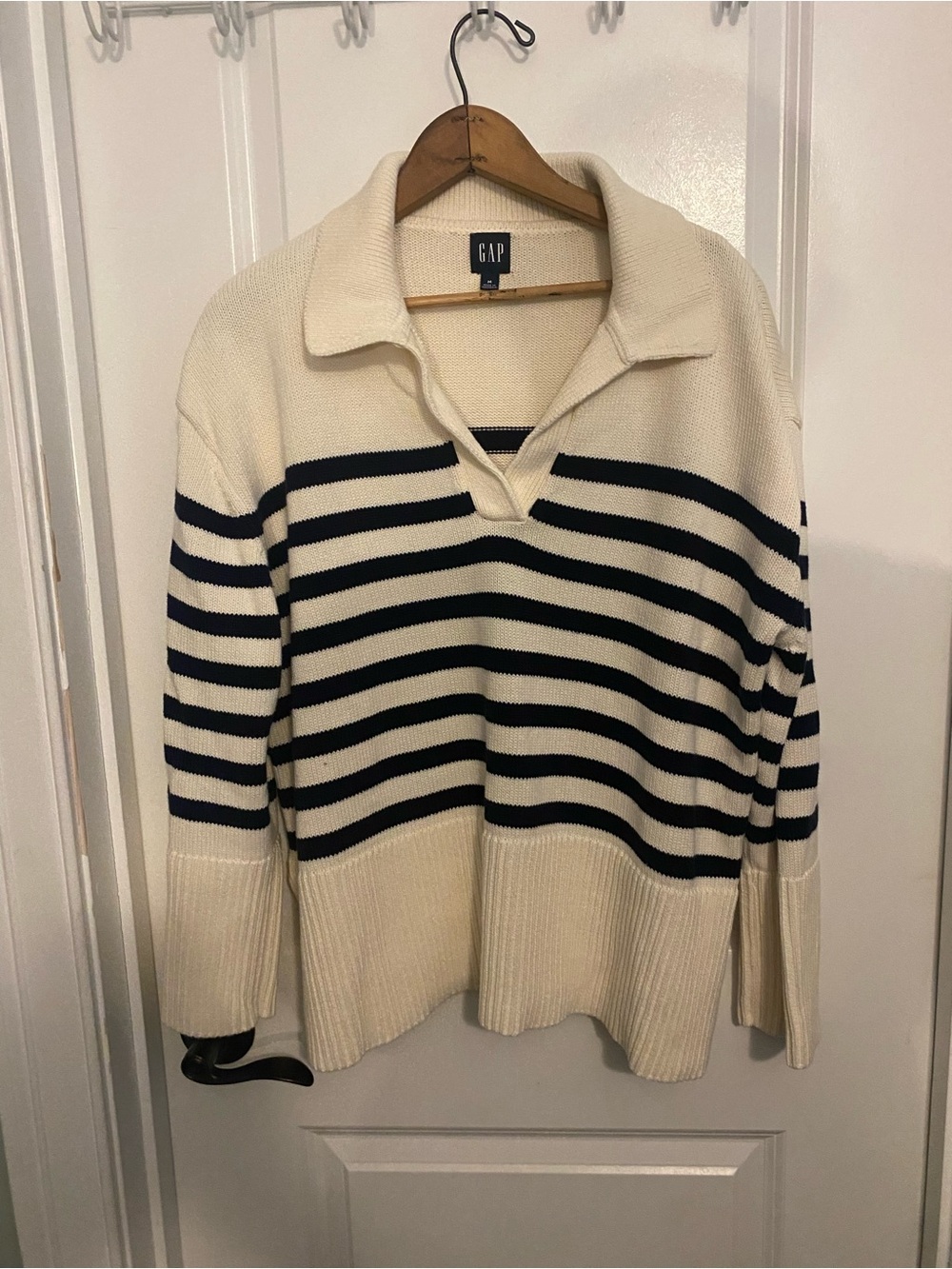 GAP Cream and Navy Striped Collared Pullover Sweater